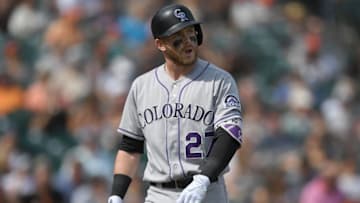 SAN FRANCISCO, CA - SEPTEMBER 20: Trevor Story #27 of the Colorado Rockies reacts walking back to the dugout after he was called out on strikes against the San Francisco Giants in the top of the six inning at AT&T Park on September 20, 2017 in San Francisco, California. (Photo by Thearon W. Henderson/Getty Images)