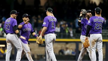 MILWAUKEE, WI - APRIL 03: The Colorado Rockies celebrate beating the Milwaukee Brewers after the MLB Opening Day game at Miller Park on April 3, 2017 in Milwaukee, Wisconsin. (Photo by Dylan Buell/Getty Images)