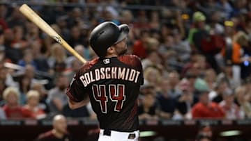 PHOENIX, AZ - SEPTEMBER 23: Paul Goldschmidt #44 of the Arizona Diamondbacks hits a three-run home run in the third inning against the Miami Marlins at Chase Field on September 23, 2017 in Phoenix, Arizona. (Photo by Jennifer Stewart/Getty Images)