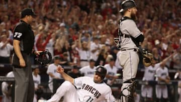 PHOENIX, AZ - OCTOBER 04: A.J. Pollock #11 of the Arizona Diamondbacks scores a run during the bottom of the eighth inning of the National League Wild Card game against the Colorado Rockies at Chase Field on October 4, 2017 in Phoenix, Arizona. (Photo by Christian Petersen/Getty Images)