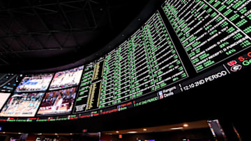 LAS VEGAS, NV - FEBRUARY 02: The betting line and some of the nearly 400 proposition bets for Super Bowl 50 between the Carolina Panthers and the Denver Broncos are displayed at the Race & Sports SuperBook at the Westgate Las Vegas Resort & Casino on February 2, 2016 in Las Vegas, Nevada. The newly renovated sports book has the world's largest indoor LED video wall with 4,488 square feet of HD video screens measuring 240 feet wide and 20 feet tall. (Photo by Ethan Miller/Getty Images)