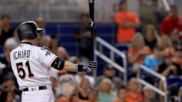 MIAMI, FL - OCTOBER 01: Ichiro Suzuki #51 of the Miami Marlins hits during a game against the Atlanta Braves at Marlins Park on October 1, 2017 in Miami, Florida. (Photo by Mike Ehrmann/Getty Images)