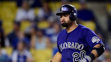 LOS ANGELES, CA - SEPTEMBER 14: Wilin Rosario #20 of the Colorado Rockies reacts to a strike during the ninth inning against the Los Angeles Dodgers at Dodger Stadium on September 14, 2015 in Los Angeles, California. The Dodgers won 4-1.(Photo by Harry How/Getty Images)
