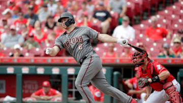 CINCINNATI, OH - JULY 20: Chris Iannetta #8 of the Arizona Diamondbacks hits a double in the first inning against the Cincinnati Reds at Great American Ball Park on July 20, 2017 in Cincinnati, Ohio. (Photo by Andy Lyons/Getty Images)