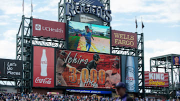 DENVER, CO - AUGUST 7: The Rockies scoreboard displays a commemorative graphic to congratulate Ichiro Suzuki #51 of the Miami Marlins on his 3,000th major league hit - a triple - in the seventh inning of a game at Coors Field on August 7, 2016 in Denver, Colorado. (Photo by Dustin Bradford/Getty Images)