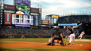 DENVER, CO - SEPTEMBER 7: David Dahl #26 of the Colorado Rockies hits a double in the first inning against the San Francisco Giants at Coors Field on September 7, 2016 in Denver, Colorado. (Photo by Bart Young/Getty Images)
