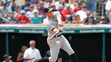 CLEVELAND, OH - AUGUST 09: DJ LeMahieu #9 of the Colorado Rockies bats against the Cleveland Indians in the fifth inning at Progressive Field on August 9, 2017 in Cleveland, Ohio. The Rockies defeated the Indians 3-2 in 12 innings. (Photo by David Maxwell/Getty Images)
