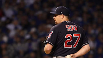 CHICAGO, IL - OCTOBER 28: Bryan Shaw #27 of the Cleveland Indians pitches in the seventh inning against the Chicago Cubs in Game Three of the 2016 World Series at Wrigley Field on October 28, 2016 in Chicago, Illinois. (Photo by Jamie Squire/Getty Images)