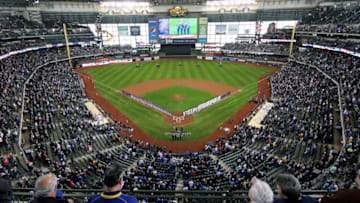 MILWAUKEE, WI - APRIL 03: The Colorado Rockies and Milwaukee Brewers stand for the national anthem before the MLB opening day game at Miller Park on April 3, 2017 in Milwaukee, Wisconsin. (Photo by Dylan Buell/Getty Images)