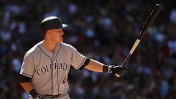 PHOENIX, AZ - APRIL 30: Pat Valaika #4 of the Colorado Rockies bats against the Arizona Diamondbacks during the MLB game at Chase Field on April 30, 2017 in Phoenix, Arizona. (Photo by Christian Petersen/Getty Images)