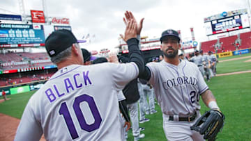 CINCINNATI, OH - MAY 21: Colorado Rockies manager Bud Black celebrates with Ian Desmond #20 after the final out in the ninth inning of a game against the Cincinnati Reds at Great American Ball Park on May 21, 2017 in Cincinnati, Ohio. The Rockies defeated the Reds 6-4. (Photo by Joe Robbins/Getty Images)