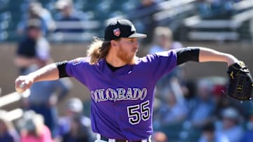 SCOTTSDALE, AZ - FEBRUARY 27: Jon Gray #55 of the Colorado Rockies delivers a first inning pitch against the Los Angeles Angels of Anaheim during a Spring Training game at Salt River Fields at Talking Stick on February 27, 2018 in Scottsdale, Arizona. (Photo by Norm Hall/Getty Images)