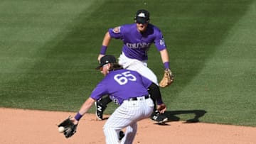 SCOTTSDALE, AZ - FEBRUARY 27: Brendan Rodgers #65 of the Colorado Rockies makes a play on a ground ball in the seventh inning against the Los Angeles Angels of Anaheim during a Spring Training game at Salt River Fields at Talking Stick on February 27, 2018 in Scottsdale, Arizona. (Photo by Norm Hall/Getty Images)
