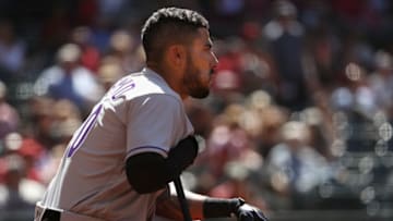 PHOENIX, AZ - APRIL 30: Ian Desmond #20 of the Colorado Rockies on deck during the MLB game against the Arizona Diamondbacks at Chase Field on April 30, 2017 in Phoenix, Arizona. (Photo by Christian Petersen/Getty Images)