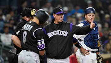 SAN DIEGO, CA - APRIL 3: Colorado Rockies manager Bud Black, center, argues a call with umpire Bruce Dreckman as Gerardo Parra #8 and A.J. Ellis #17 look on during the sixth inning of a baseball game at PETCO Park on April 3, 2018 in San Diego, California. (Photo by Denis Poroy/Getty Images)
