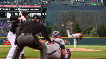 DENVER, CO - APRIL 7: Anibal Sanchez of the Atlanta Braves throws a pitch to Colorado Rockies third baseman Nolan Arenado. Getty Images.
