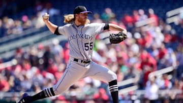 WASHINGTON, DC - APRIL 14: Starting pitcher Jon Gray #55 of the Colorado Rockies throws a pitch against the Washington Nationals in the first inning at Nationals Park on April 14, 2018 in Washington, DC. (Photo by Patrick McDermott/Getty Images)