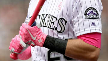 DENVER, CO - MAY 13: David Dahl #26 of the Colorado Rockies waits to bat in the first inning against the Milwaukee Brewers at Coors Field on May 13, 2018 in Denver, Colorado. (Photo by Matthew Stockman/Getty Images)