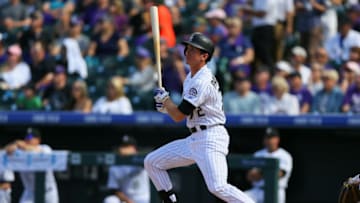 DENVER, CO - OCTOBER 2: Jordan Patterson #72 of the Colorado Rockies watches his RBI double during the fifth inning against the Milwaukee Brewers at Coors Field on October 2, 2016 in Denver, Colorado. (Photo by Justin Edmonds/Getty Images)