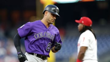 PHILADELPHIA, PA - JUNE 13: Ian Desmond #20 of the Colorado Rockies rounds the bases after hitting a two-run home run in the fourth inning during a game against the Philadelphia Phillies at Citizens Bank Park on June 13, 2018 in Philadelphia, Pennsylvania. (Photo by Hunter Martin/Getty Images)