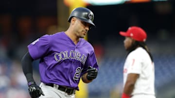 PHILADELPHIA, PA - JUNE 13: Ian Desmond #20 of the Colorado Rockies rounds the bases after hitting a two-run home run in the fourth inning during a game against the Philadelphia Phillies at Citizens Bank Park on June 13, 2018 in Philadelphia, Pennsylvania. (Photo by Hunter Martin/Getty Images)