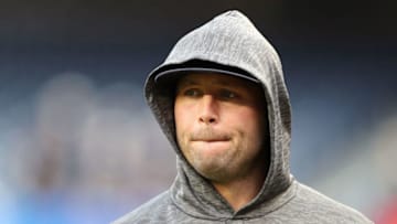 NEW YORK, NY - OCTOBER 16: Matt Holliday #17 of the New York Yankees looks on during batting practice before Game Three of the American League Championship Series against the Houston Astros at Yankee Stadium on October 16, 2017 in the Bronx borough of New York City. (Photo by Elsa/Getty Images)