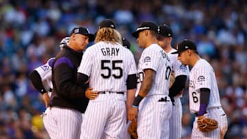 DENVER, CO - MAY 30: Manager Bud Black of the Colorado Rockies chats with starting pitcher Jon Gray #55 as the infielders look on during the fourth inning against the San Francisco Giants at Coors Field on May 30, 2018 in Denver, Colorado. (Photo by Justin Edmonds/Getty Images)