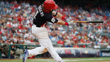 WASHINGTON, DC - JULY 15: Brendan Rodgers #1 of the Colorado Rockies and the U.S. Team bats against the World Team during the SiriusXM All-Star Futures Game at Nationals Park on July 15, 2018 in Washington, DC. (Photo by Patrick McDermott/Getty Images)