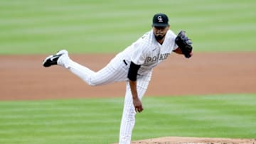 DENVER, COLORADO - AUGUST 04: Starting pitcher German Marquez #48 of the Colorado Rockies throws in the first inning against the San Francisco Giants at Coors Field on August 04, 2020 in Denver, Colorado. (Photo by Matthew Stockman/Getty Images)