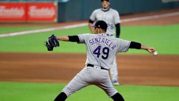 HOUSTON, TEXAS - AUGUST 18: Antonio Senzatela #49 of the Colorado Rockies pitches against the Houston Astros at Minute Maid Park on August 18, 2020 in Houston, Texas. (Photo by Bob Levey/Getty Images)