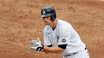 NEW YORK, NEW YORK - SEPTEMBER 26: (NEW YORK DAILIES OUT) DJ LeMahieu #26 of the New York Yankees reacts after his sixth inning two run double against the Miami Marlins at Yankee Stadium on September 26, 2020 in New York City. The Yankees defeated the Marlins 11-4. (Photo by Jim McIsaac/Getty Images)