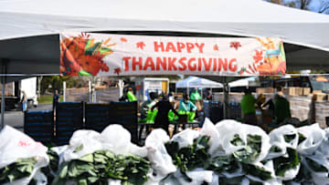 ATLANTA, GEORGIA - NOVEMBER 24: A sign reads "Happy Thanksgiving" during Harris Community Works 15th Annual Turkey Giveaway at Jackson Memorial Baptist Church on November 24, 2020 in Atlanta, Georgia. (Photo by Paras Griffin/Getty Images)