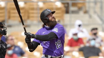 GLENDALE, ARIZONA - MARCH 07: Charlie Blackmon #19 of the Colorado Rockies bats against the Chicago White Sox on March 7, 2021 at Camelback Ranch in Glendale Arizona. (Photo by Ron Vesely/Getty Images)
