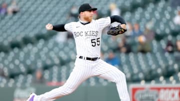 DENVER, COLORADO - APRIL 20: Starting pitcher Jon Gray #55 of the Colorado Rockies throws against the Houston Astros in the first inning at Coors Field on April 20, 2021 in Denver, Colorado. (Photo by Matthew Stockman/Getty Images)