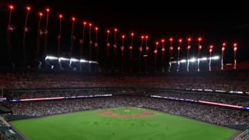 DENVER, COLORADO - JULY 13: Fireworks go off at the last out of the 91st MLB All-Star Game at Coors Field on July 13, 2021 in Denver, Colorado. The American League defeated the National League 5-2. (Photo by Justin Edmonds/Getty Images)
