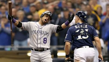 MILWAUKEE, WI - OCTOBER 05: Gerardo Parra #8 of the Colorado Rockies reacts after striking out during the sixth inning of Game Two of the National League Division Series against the Milwaukee Brewers at Miller Park on October 5, 2018 in Milwaukee, Wisconsin. (Photo by Dylan Buell/Getty Images)