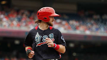 WASHINGTON, DC - JULY 15: Brendan Rodgers #1 of the Colorado Rockies and the U.S. Team scores a run against the World Team during the SiriusXM All-Star Futures Game at Nationals Park on July 15, 2018 in Washington, DC. (Photo by Patrick McDermott/Getty Images)