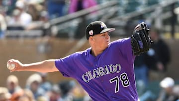SCOTTSDALE, AZ - MARCH 15: Peter Lambert #78 of the Colorado Rockies delivers a first inning pitch during a spring training game against the Kansas City Royals at Salt River Fields at Talking Stick on March 15, 2019 in Scottsdale, Arizona. (Photo by Norm Hall/Getty Images)