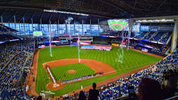 MIAMI, FL - MARCH 28: A general view of Marlins Park during the National Anthem before the game between the Miami Marlins and the Colorado Rockies during Opening Day at Marlins Park on March 28, 2019 in Miami, Florida. (Photo by Mark Brown/Getty Images)