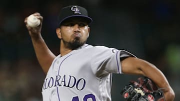 PHOENIX, AZ - JULY 20: German Marquez #48 of the Colorado Rockies pitches against the Arizona Diamondbacks during the second inning of an MLB game at Chase Field on July 20, 2018 in Phoenix, Arizona. (Photo by Ralph Freso/Getty Images)