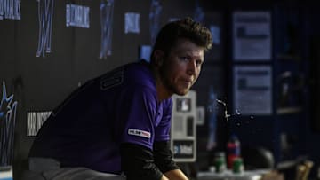 MIAMI, FL - MARCH 28: Kyle Freeland #21 of the Colorado Rockies in the dugout after first inning against the Miami Marlins during Opening Day at Marlins Park on March 28, 2019 in Miami, Florida. (Photo by Mark Brown/Getty Images)