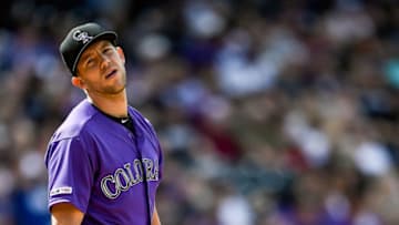 DENVER, CO - APRIL 5: Tyler Anderson #44 of the Colorado Rockies reacts after allowing a fourth inning solo homer against the Los Angeles Dodgers during the Colorado Rockies home opener at Coors Field on April 5, 2019 in Denver, Colorado. (Photo by Dustin Bradford/Getty Images)
