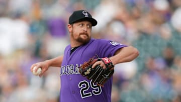DENVER, CO - APRIL 05: Colorado Rockies relief pitcher Bryan Shaw (29) delivers a pitch during a game between Colorado Rockies and the visiting Los Angeles Dodgers on April 5, 2018 at Coors Field in Denver, CO. (Photo by Russell Lansford/Icon Sportswire via Getty Images)