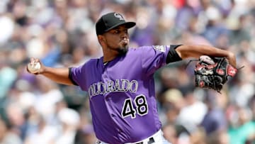 DENVER, COLORADO - APRIL 24: Starting pitcher German Marquez #48 of the Colorado Rockies throws in the third inning against the Washington Nationals at Coors Field on April 24, 2019 in Denver, Colorado. (Photo by Matthew Stockman/Getty Images)