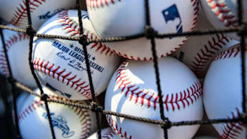 KANSAS CITY, MO - JULY 02: Baseballs on the field before the game between the Cleveland Indians and the Kansas City Royals at Kauffman Stadium on July 2, 2018 in Kansas City, Missouri. (Photo by Brian Davidson/Getty Images)