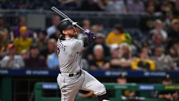 PITTSBURGH, PA - MAY 22: Brendan Rodgers #7 of the Colorado Rockies hits an RBI double in the fifth inning against the Pittsburgh Pirates at PNC Park on May 22, 2019 in Pittsburgh, Pennsylvania. (Photo by Joe Sargent/Getty Images)
