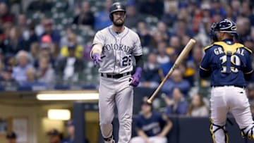 MILWAUKEE, WISCONSIN - APRIL 30: David Dahl #26 of the Colorado Rockies reacts after striking out in the eighth inning against the Milwaukee Brewers at Miller Park on April 30, 2019 in Milwaukee, Wisconsin. (Photo by Dylan Buell/Getty Images)