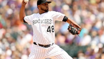 DENVER, COLORADO - MAY 26: Starting pitcher German Marquez #48 of the Colorado Rockies throws in the first inning against the Baltimore Orioles at Coors Field on May 26, 2019 in Denver, Colorado. (Photo by Matthew Stockman/Getty Images)