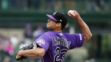 CHICAGO, ILLINOIS - JUNE 06: Peter Lambert #23 of the Colorado Rockies pitches in the first inning during the game against the Chicago Cubs at Wrigley Field on June 06, 2019 in Chicago, Illinois. (Photo by Nuccio DiNuzzo/Getty Images)