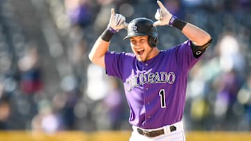 DENVER, CO - AUGUST 18: Garrett Hampson #1 of the Colorado Rockies celebrates after hitting a 10th inning walk-off sacrifice single to defeat the Miami Marlins at Coors Field on August 18, 2019 in Denver, Colorado. (Photo by Dustin Bradford/Getty Images)